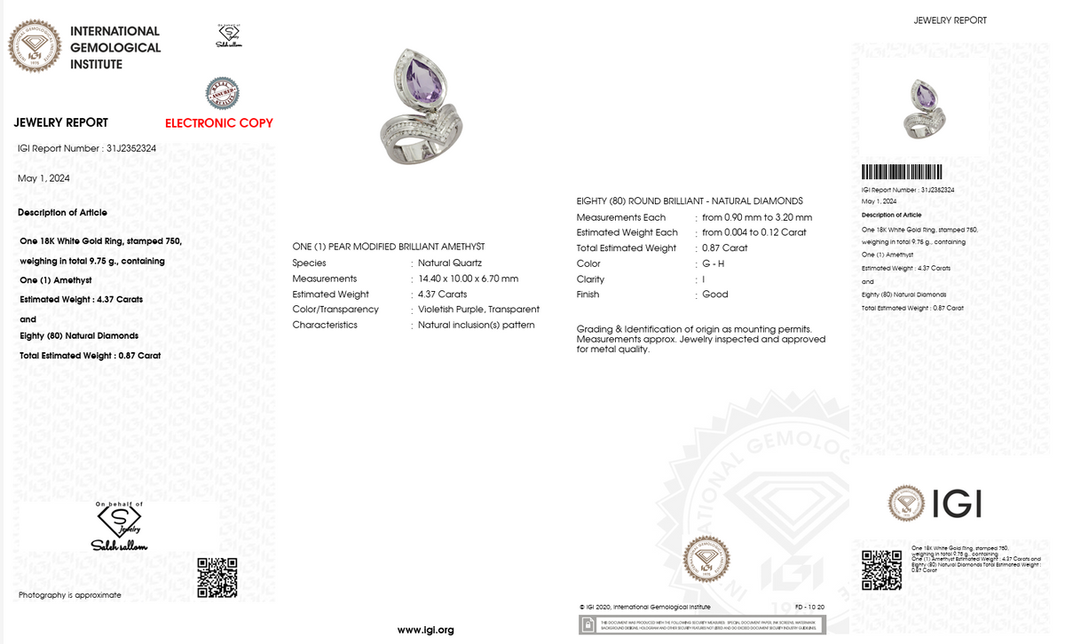 18K White Gold Amethyst & Diamond Ring – IGI Certified-Saleh Sallom