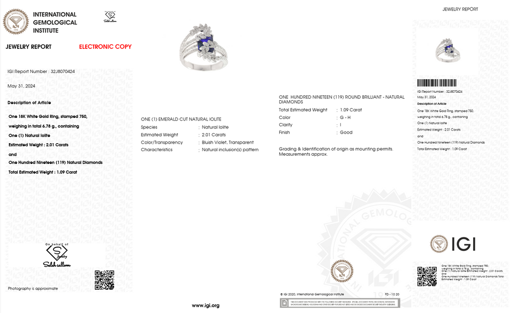 2.01 Carat Natural Emerald-Cut Iolite & 1.09 Carat Diamond Ring in 18K White Gold | IGI Certified | Saleh Sallom-Saleh Sallom