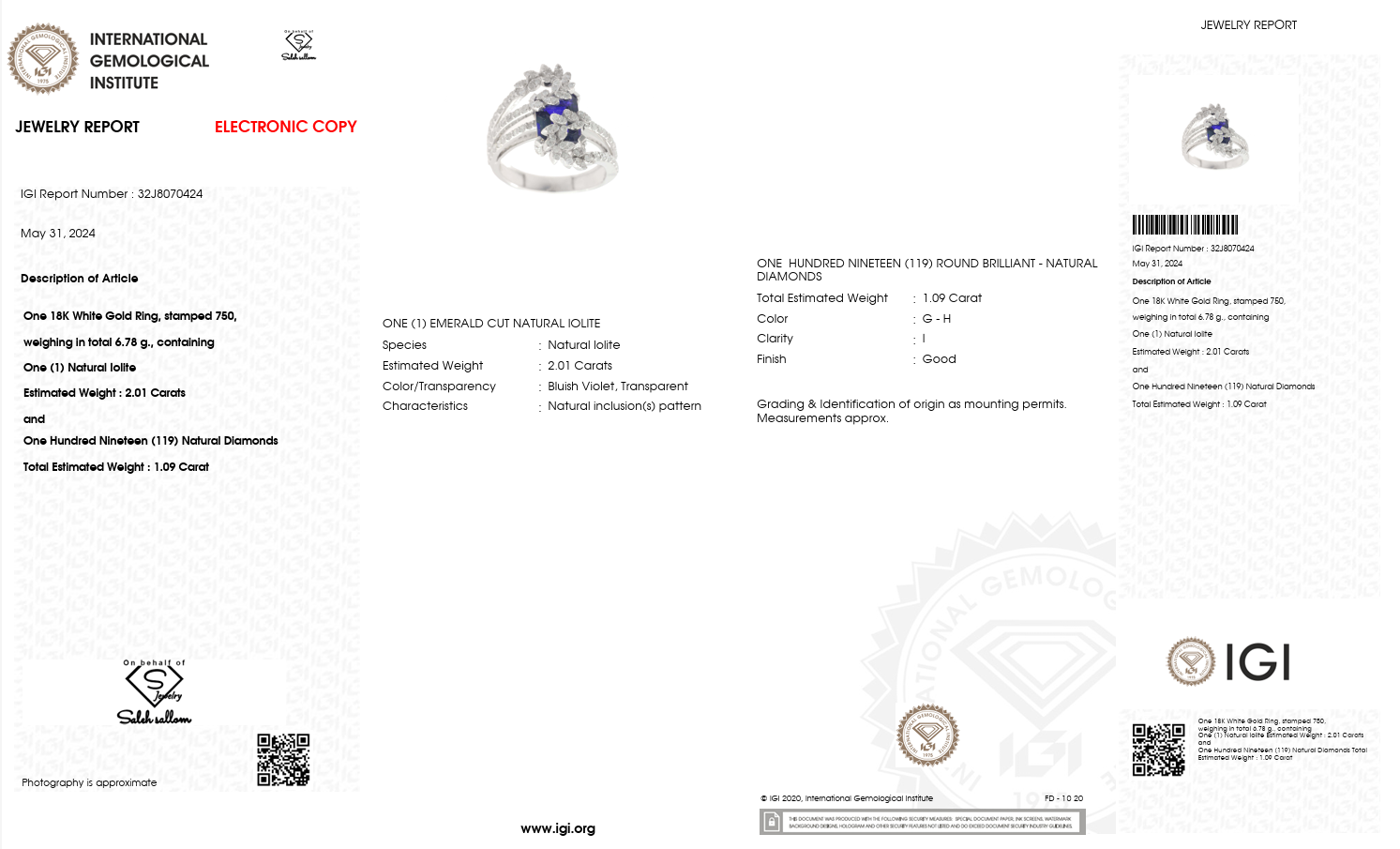 2.01 Carat Natural Emerald-Cut Iolite & 1.09 Carat Diamond Ring in 18K White Gold | IGI Certified | Saleh Sallom-Saleh Sallom