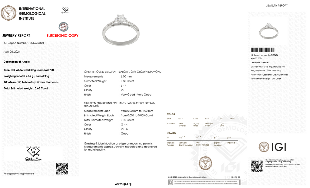 0.50 Carat Round Lab-Grown Diamond Ring in 18K White Gold | 0.60 CT Total | IGI Certified | Saleh Sallom-Saleh Sallom