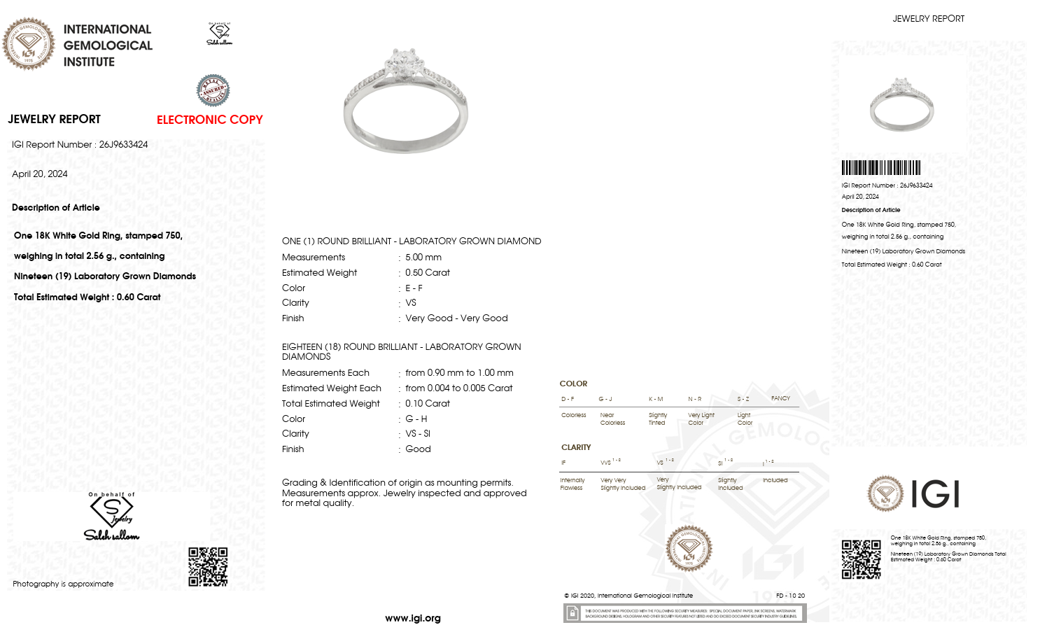 0.50 Carat Round Lab-Grown Diamond Ring in 18K White Gold | 0.60 CT Total | IGI Certified | Saleh Sallom-Saleh Sallom