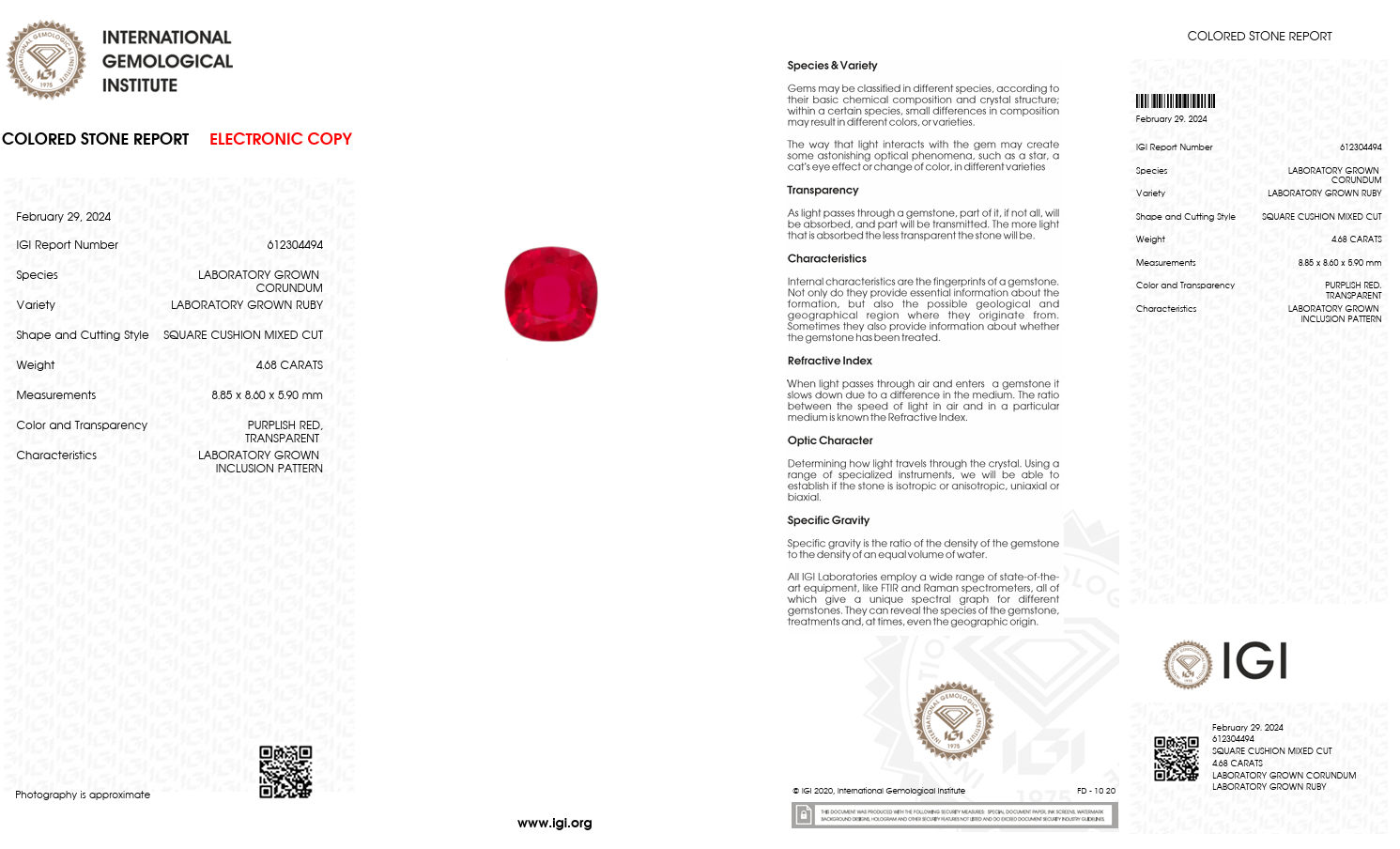 IGI Certified Laboratory Grown Ruby | 4.68 Carats Cushion Cut | Purplish Red Ruby-Saleh Sallom