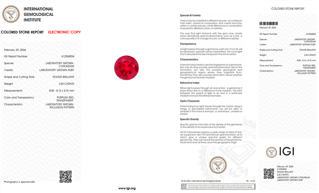 IGI Certified Laboratory Grown Ruby | 2.30 Carats Round Brilliant Cut | Purplish Red Ruby-Saleh Sallom