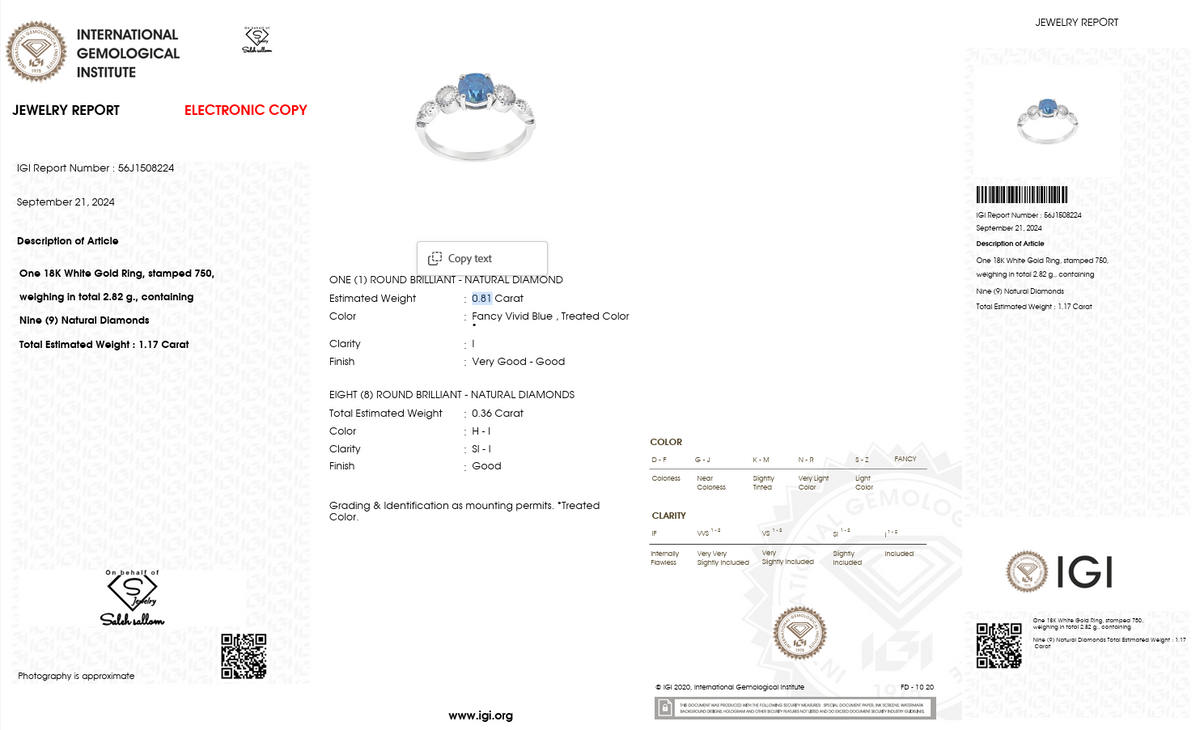 Natural Blue Diamond Three-Stone Ring | 0.81 CT Center Diamond | 1.17 CT Natural Diamonds | 18K White Gold | IGI Certified | Saleh Sallom