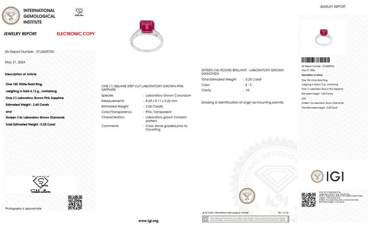 Lab-Grown Pink Sapphire & Diamond Ring | 3.60 CT Pink Sapphire | 0.25 CT Lab-Grown Diamonds | 18K White Gold | IGI Certified | Saleh Sallom