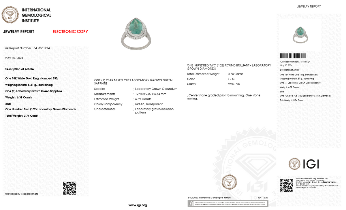 Lab-Grown Green Sapphire & Diamond Halo Ring | 6.39 CT Green Sapphire | 0.74 CT Lab-Grown Diamonds | 18K White Gold | IGI Certified | Saleh Sallom