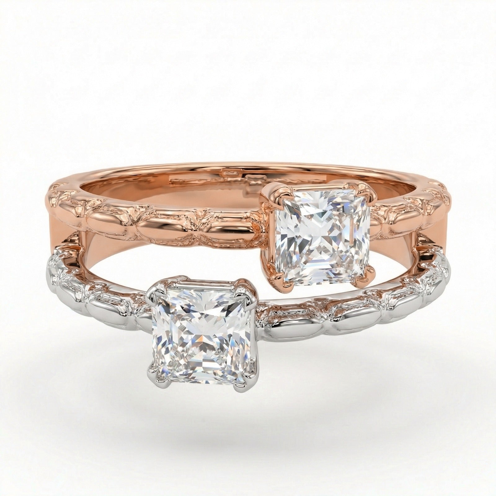 IGI Certified Diamond Ring in 18K Rose & White Gold – Baguette & Round Cut