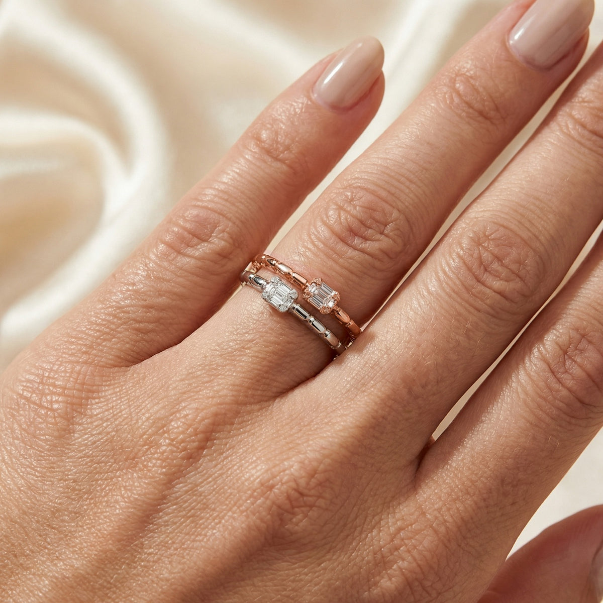 IGI Certified Diamond Ring in 18K Rose & White Gold – Baguette & Round Cut-Saleh Sallom