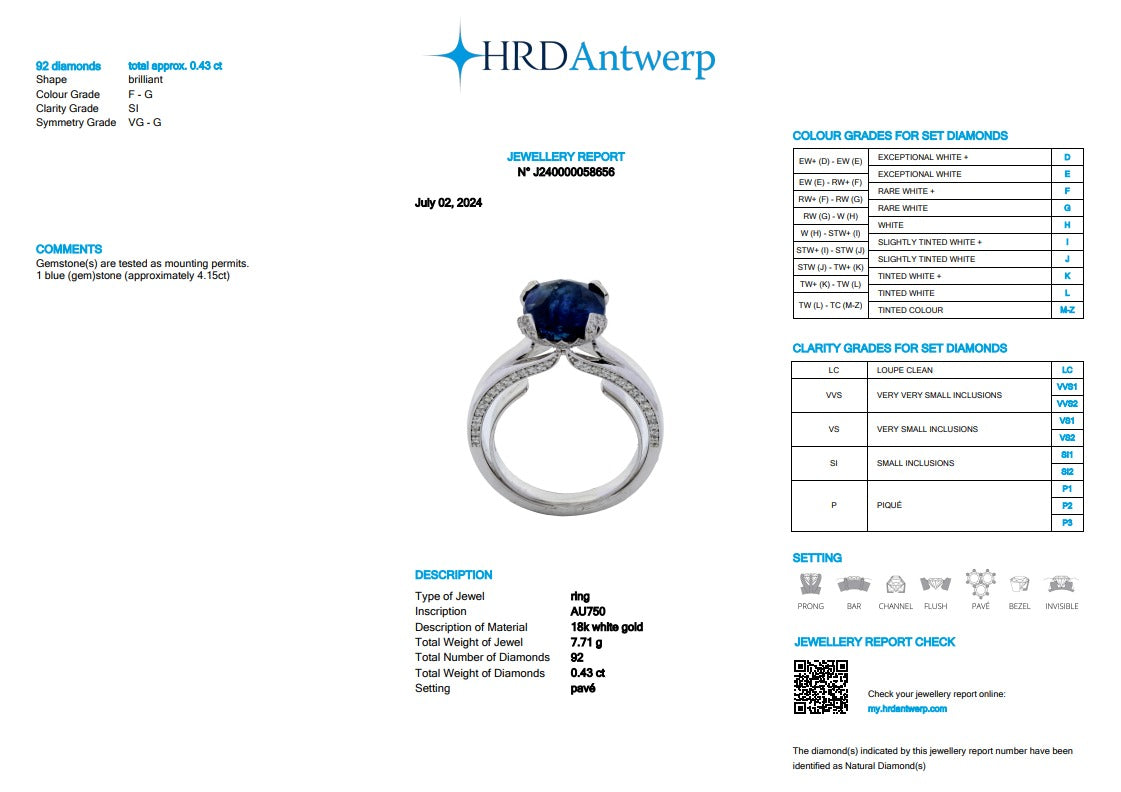 Natural Blue Kyanite & Diamond Ring | 4.15 CT Blue Kyanite | 0.43 CT Natural Diamonds | 18K White Gold | Saleh Sallom Jewelry