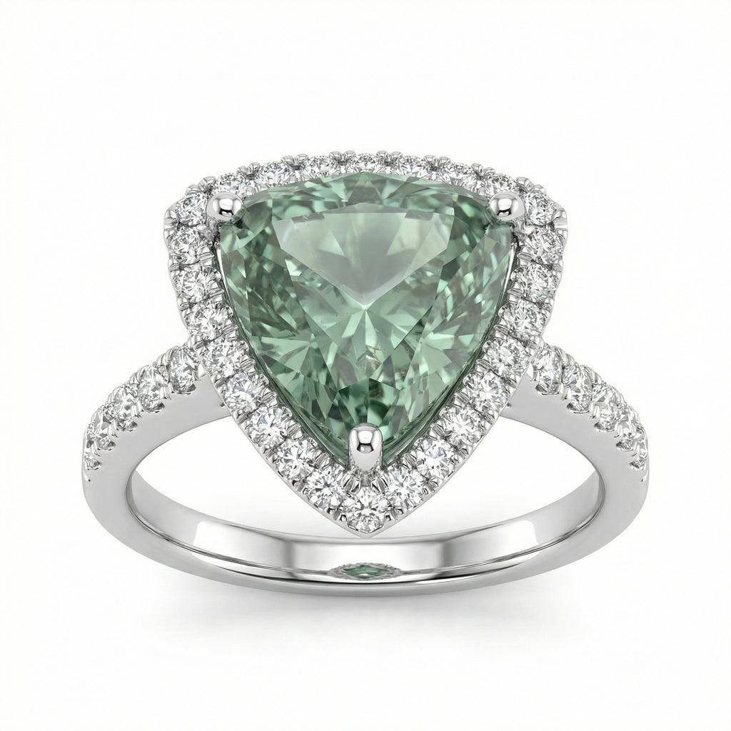 Trillion-Cut Green Diamond Ring with Halo | 3.56 Carat | VS1 | White Gold | Saleh Sallom-Saleh Sallom