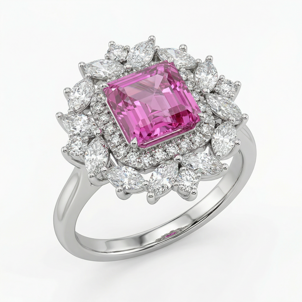 4.85 Carat Emerald-Cut Pink Lab Sapphire Halo Ring with 1.93ct Diamond Cluster in 18K White Gold | Saleh Sallom-Saleh Sallom