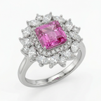 4.85 Carat Emerald-Cut Pink Lab Sapphire Halo Ring with 1.93ct Diamond Cluster in 18K White Gold | Saleh Sallom-Saleh Sallom