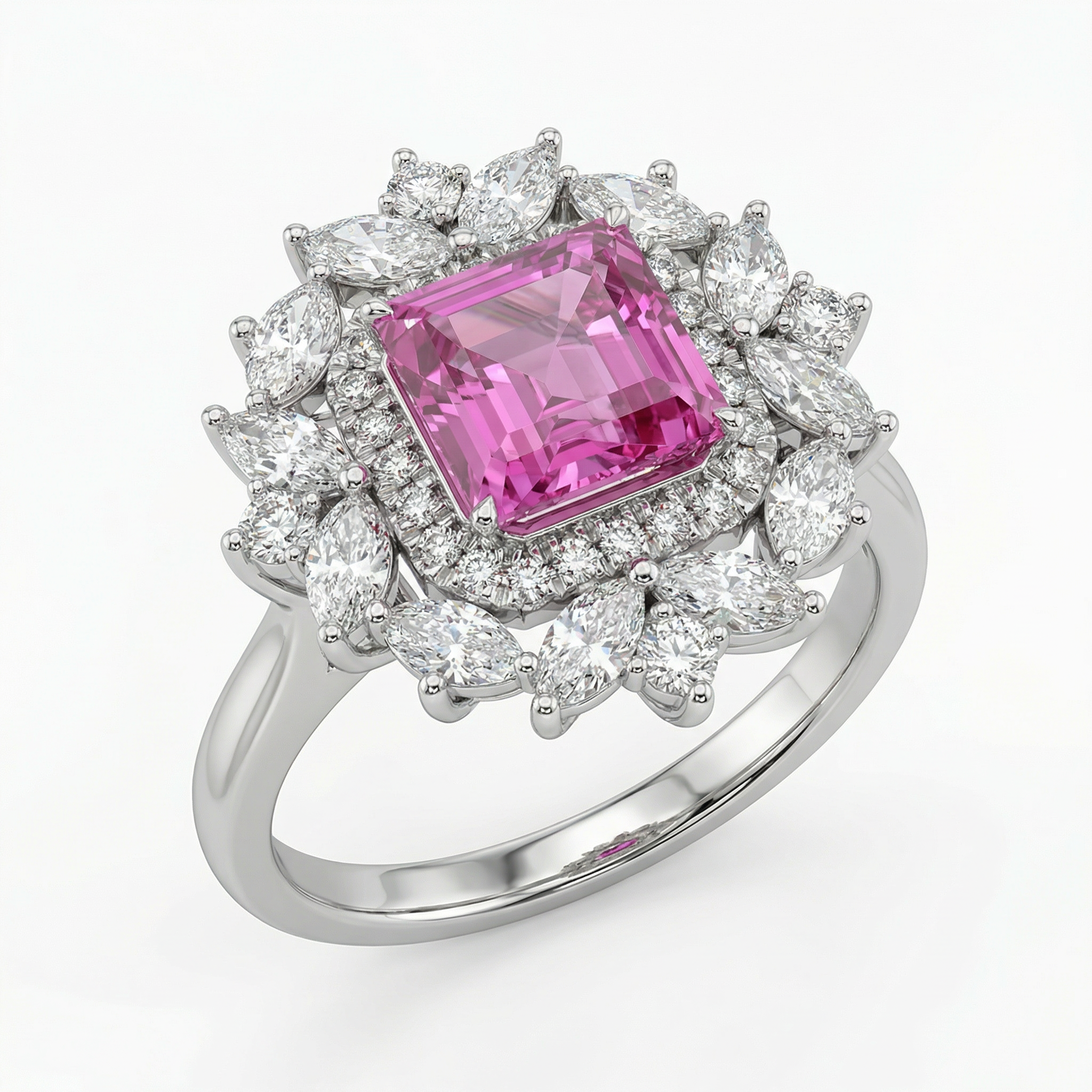 4.85 Carat Emerald-Cut Pink Lab Sapphire Halo Ring with 1.93ct Diamond Cluster in 18K White Gold | Saleh Sallom-Saleh Sallom