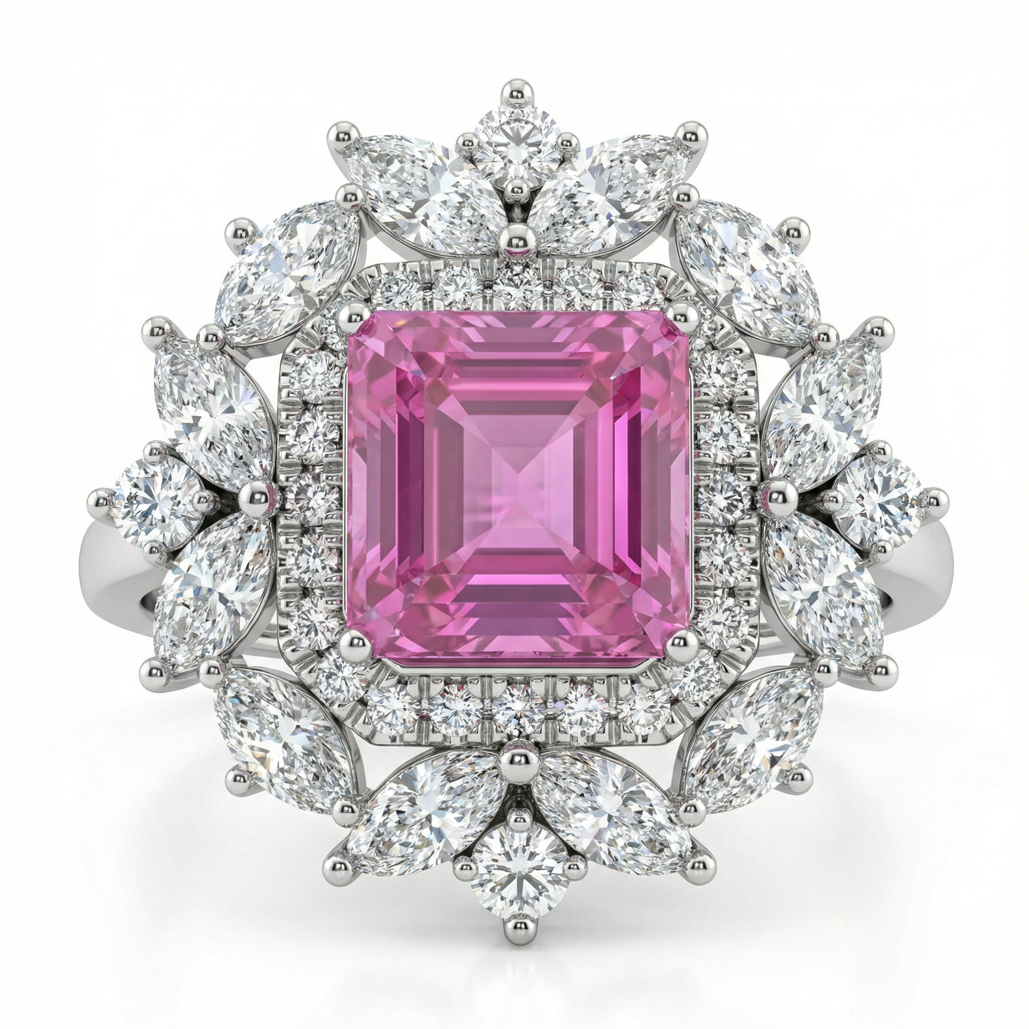 4.85 Carat Emerald-Cut Pink Lab Sapphire Halo Ring with 1.93ct Diamond Cluster in 18K White Gold | Saleh Sallom-Saleh Sallom Main image