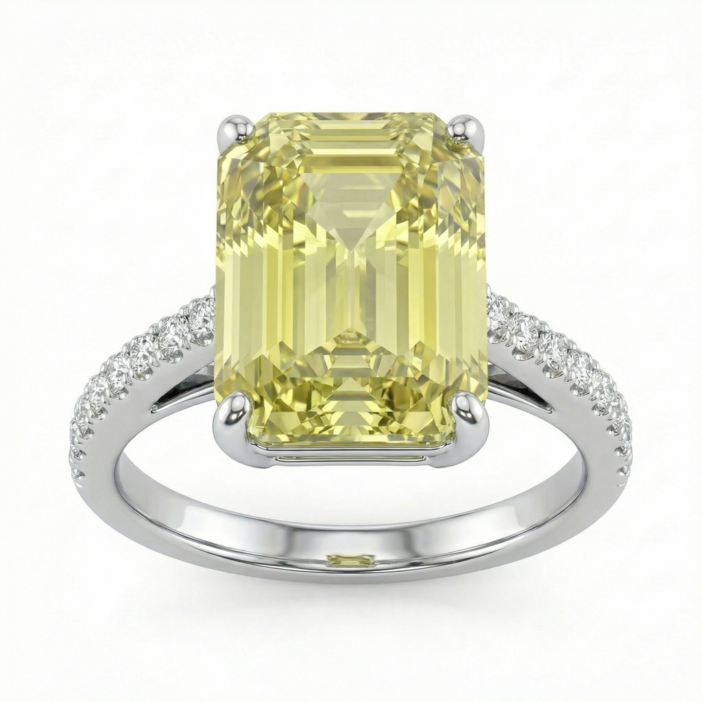 7.77 Carat Emerald-Cut Yellow Lab Sapphire Ring with Diamond Pavé in 18K White Gold | Saleh Sallom-Saleh Sallom