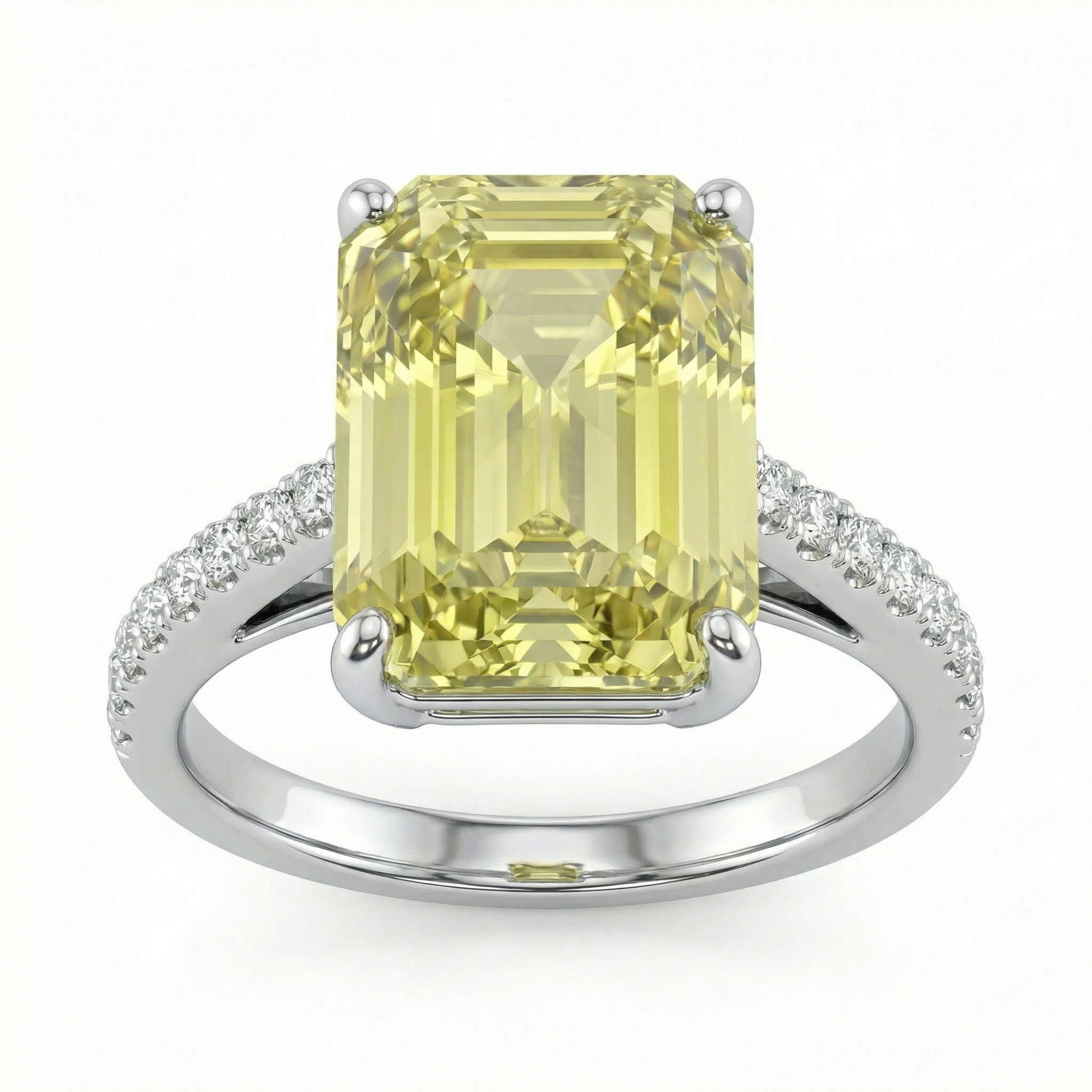 7.77 Carat Emerald-Cut Yellow Lab Sapphire Ring with Diamond Pavé in 18K White Gold | Saleh Sallom-Saleh Sallom