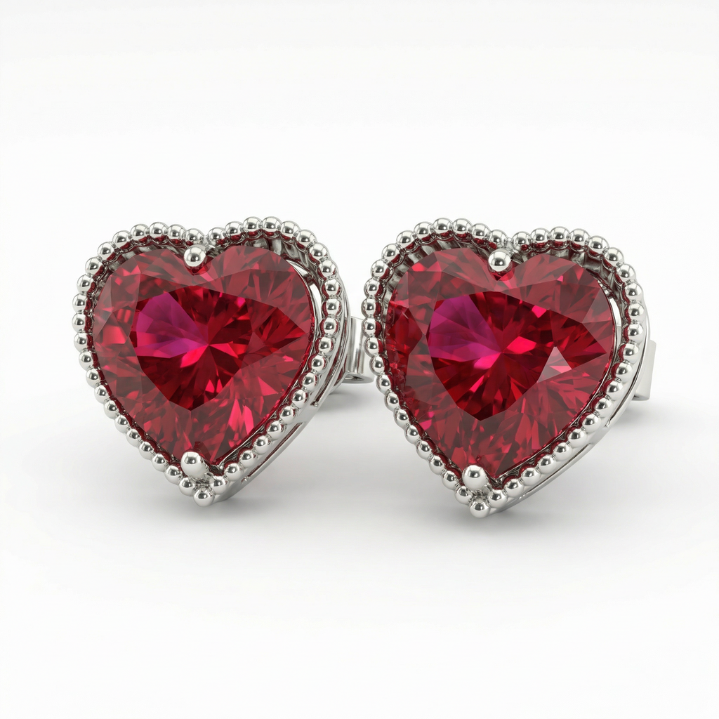 Red Heart Gemstone Stud Earrings in White Gold | Romantic Classic | Saleh Sallom-Saleh Sallom