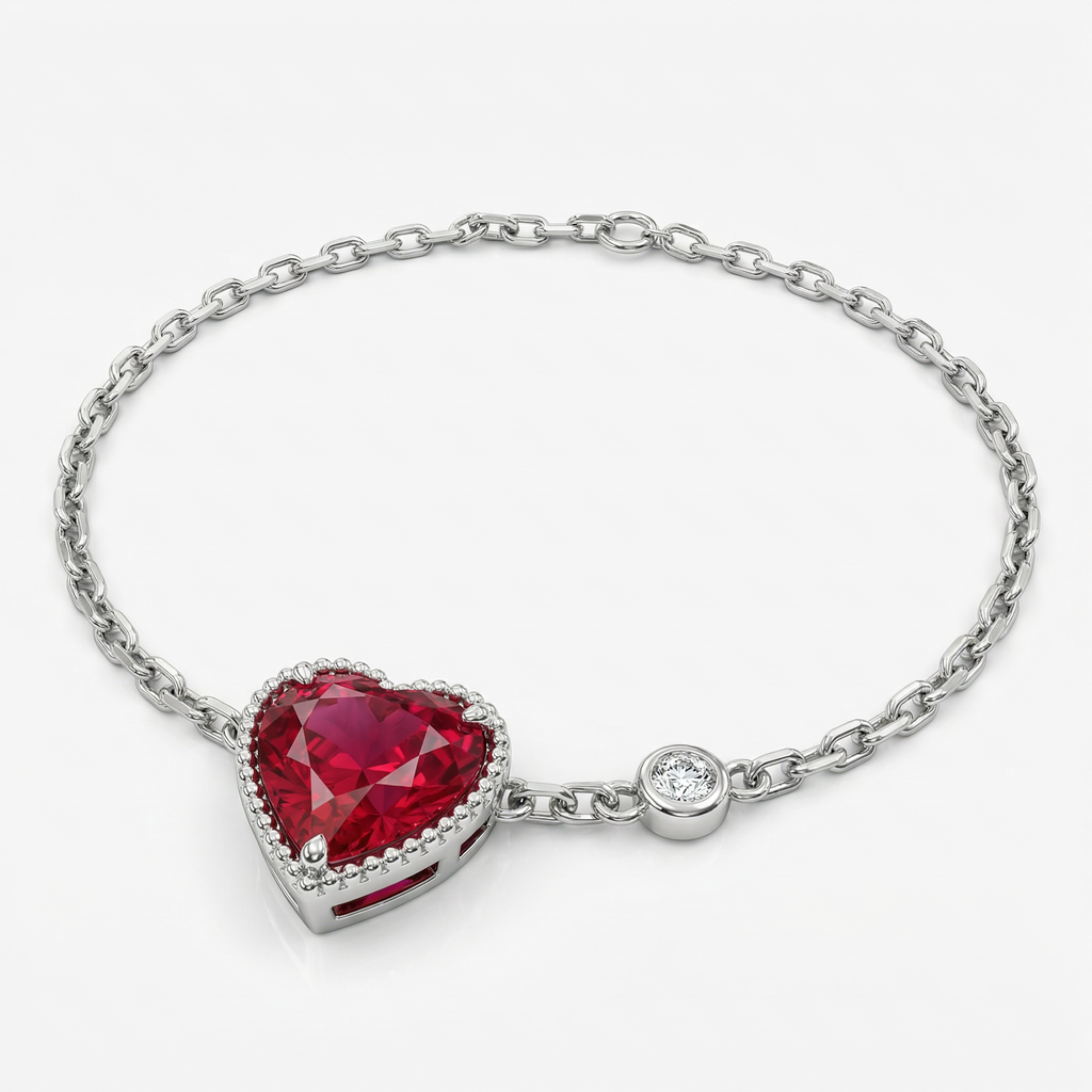 Red Heart Gemstone Bracelet in White Gold | Romantic Chain Design | Saleh Sallom-Saleh Sallom