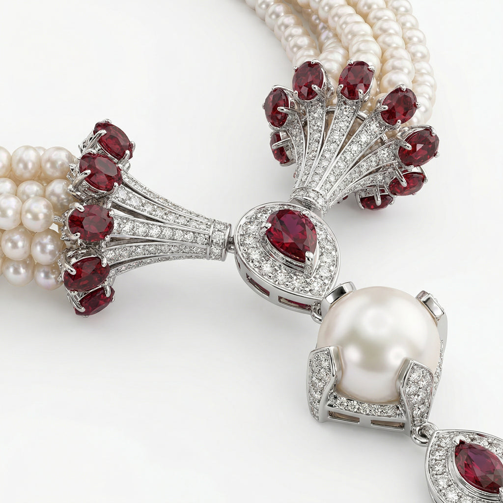 Natural Diamond, Ruby & Pearl Necklace | 1.04 Ct Diamonds | Multi-Strand Pearl Tassel Design | Saleh Sallom-Saleh Sallom