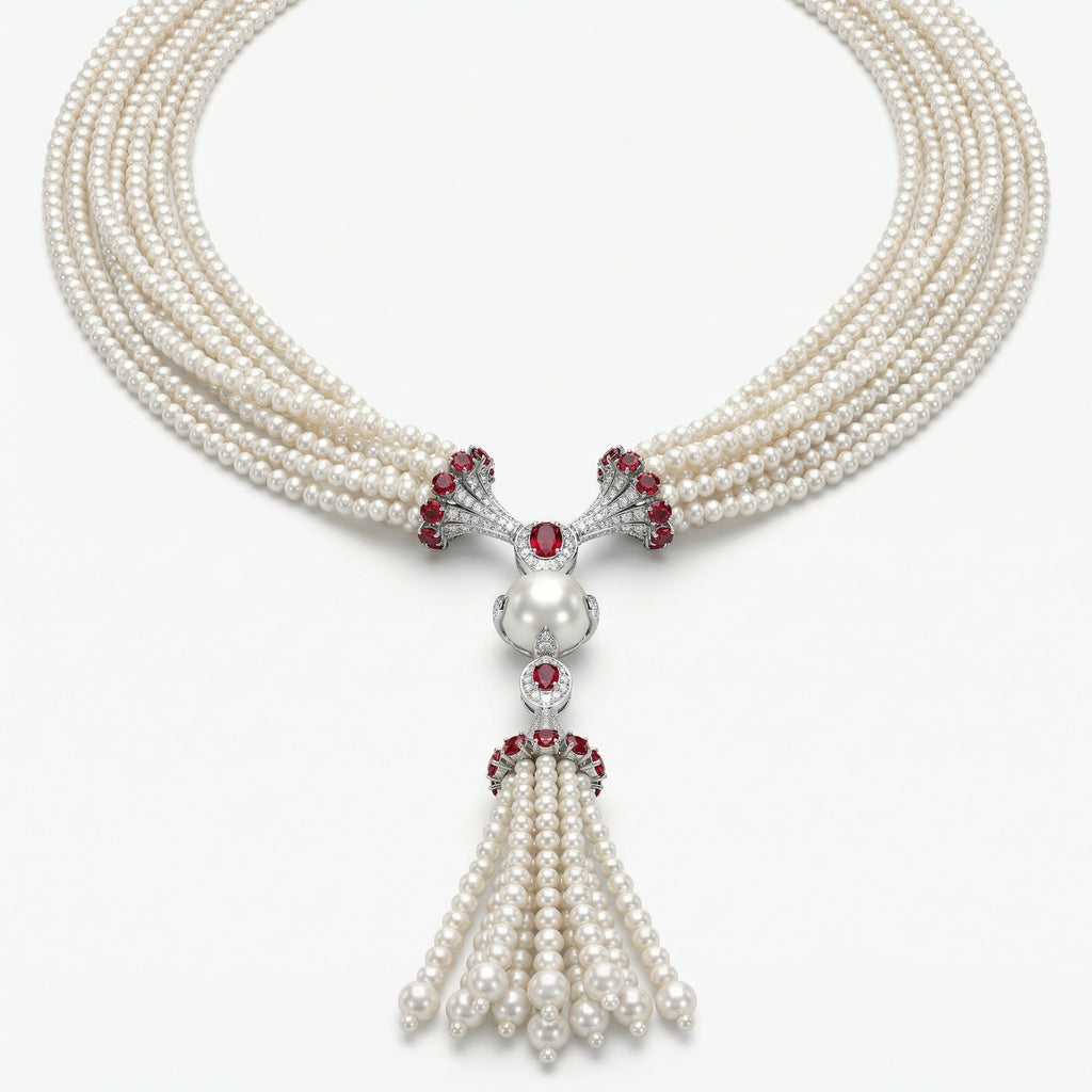 Natural Diamond, Ruby & Pearl Necklace | 1.04 Ct Diamonds | Multi-Strand Pearl Tassel Design | Saleh Sallom-Saleh Sallom