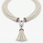 Natural Diamond, Ruby & Pearl Necklace | 1.04 Ct Diamonds | Multi-Strand Pearl Tassel Design | Saleh Sallom-Saleh Sallom