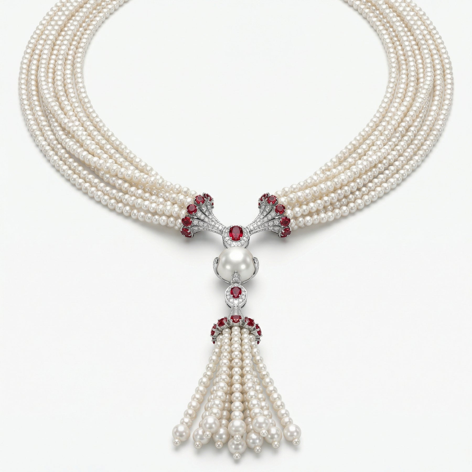 Natural Diamond, Ruby & Pearl Necklace | 1.04 Ct Diamonds | Multi-Strand Pearl Tassel Design | Saleh Sallom-Saleh Sallom