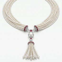 Natural Diamond, Ruby & Pearl Necklace | 1.04 Ct Diamonds | Multi-Strand Pearl Tassel Design | Saleh Sallom-Saleh Sallom