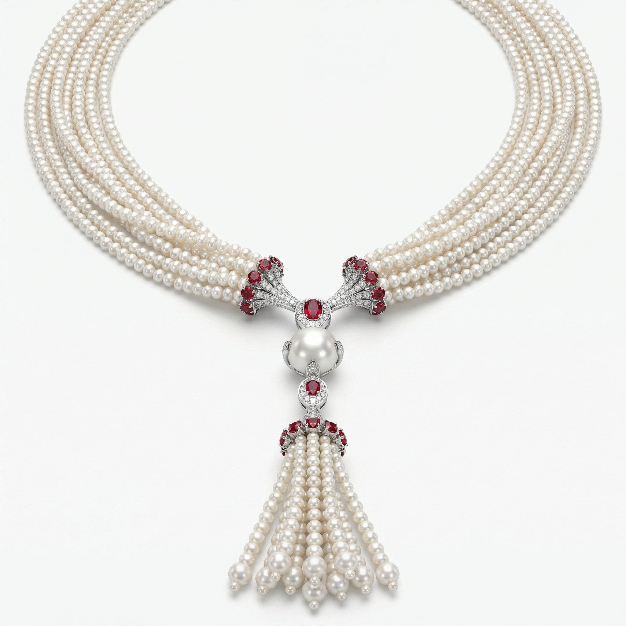 Natural Diamond, Ruby & Pearl Necklace | 1.04 Ct Diamonds | Multi-Strand Pearl Tassel Design | Saleh Sallom-Saleh Sallom