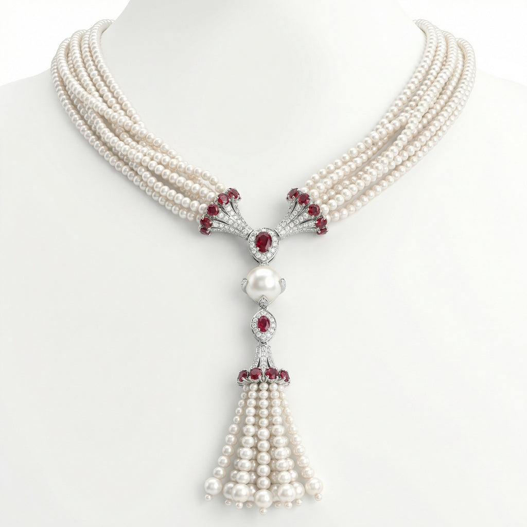 Natural Diamond, Ruby & Pearl Necklace | 1.04 Ct Diamonds | Multi-Strand Pearl Tassel Design | Saleh Sallom-Saleh Sallom