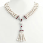 Natural Diamond, Ruby & Pearl Necklace | 1.04 Ct Diamonds | Multi-Strand Pearl Tassel Design | Saleh Sallom-Saleh Sallom