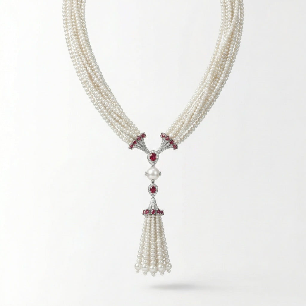 Natural Diamond, Ruby & Pearl Necklace | 1.04 Ct Diamonds | Multi-Strand Pearl Tassel Design | Saleh Sallom-Saleh Sallom