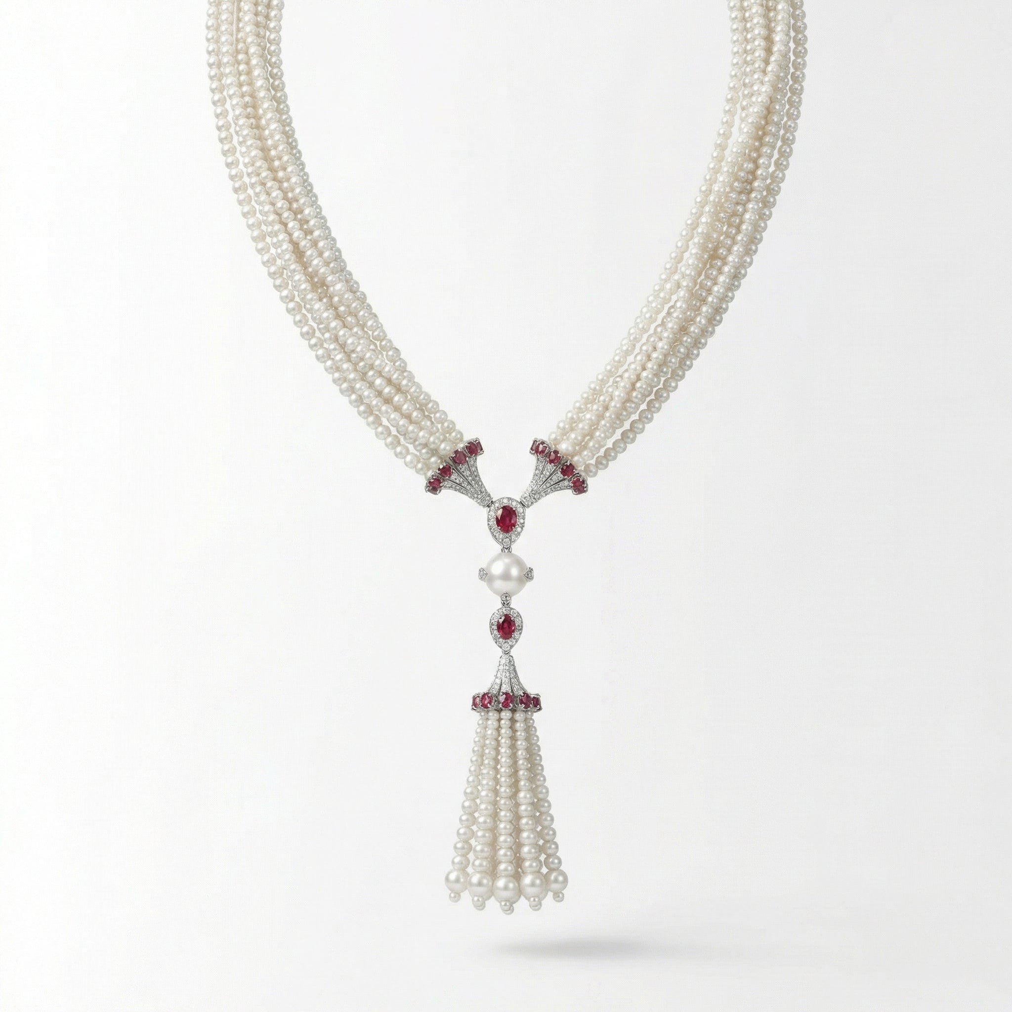 Natural Diamond, Ruby & Pearl Necklace | 1.04 Ct Diamonds | Multi-Strand Pearl Tassel Design | Saleh Sallom-Saleh Sallom