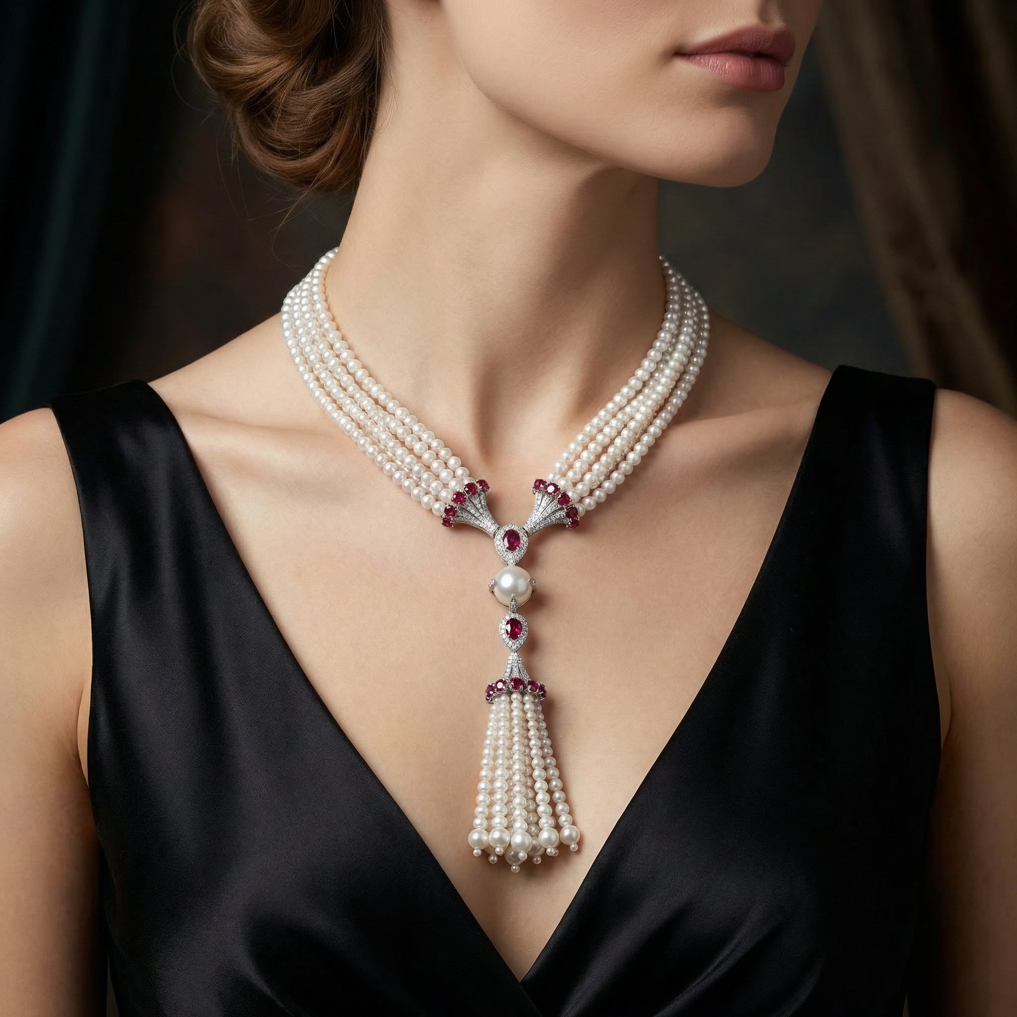 Natural Diamond, Ruby & Pearl Necklace | 1.04 Ct Diamonds | Multi-Strand Pearl Tassel Design | Saleh Sallom-Saleh Sallom