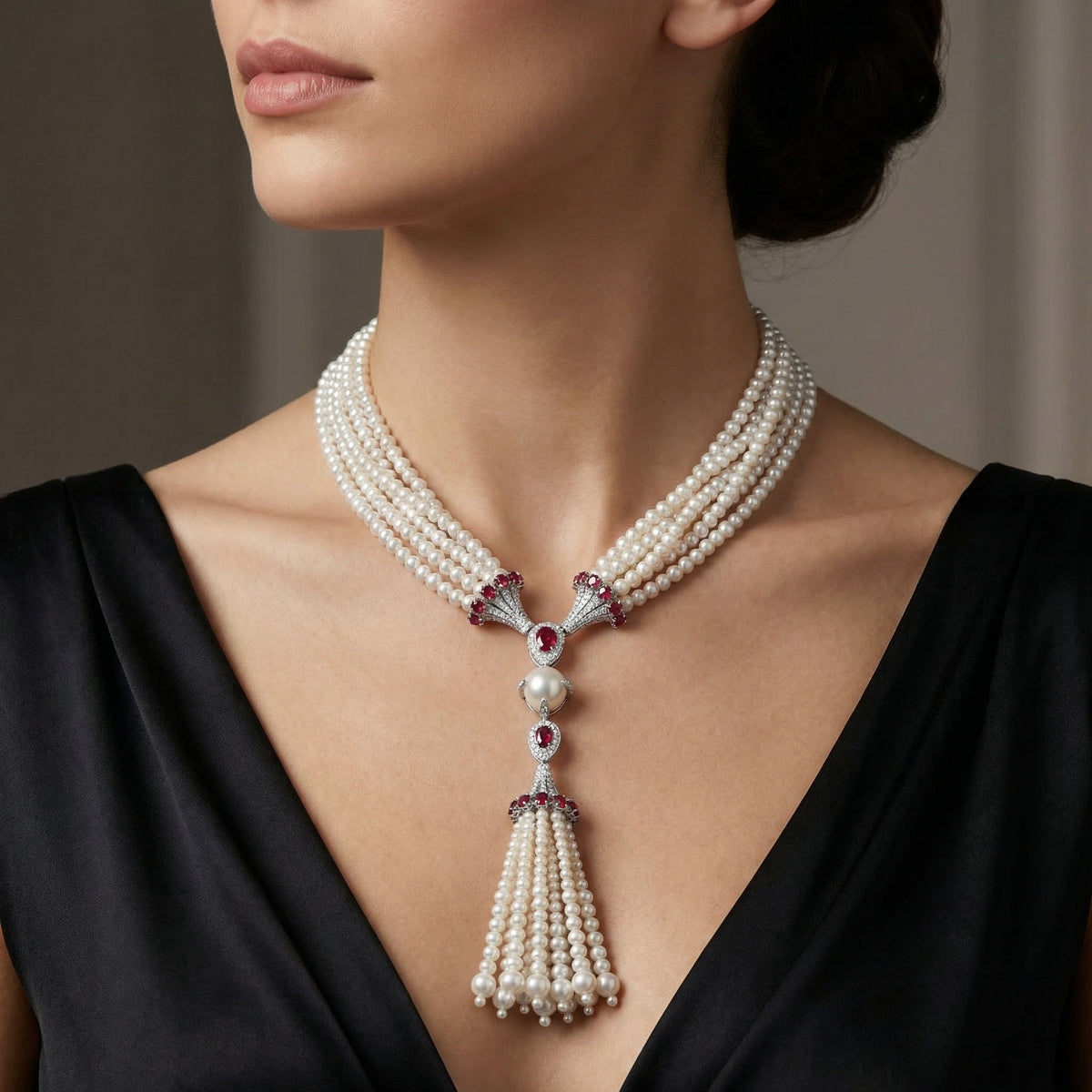 Natural Diamond, Ruby & Pearl Necklace | 1.04 Ct Diamonds | Multi-Strand Pearl Tassel Design | Saleh Sallom-Saleh Sallom