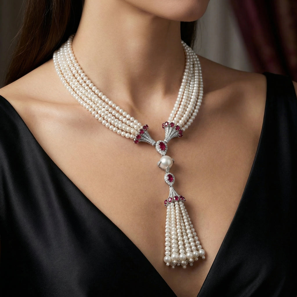 Natural Diamond, Ruby & Pearl Necklace | 1.04 Ct Diamonds | Multi-Strand Pearl Tassel Design | Saleh Sallom-Saleh Sallom