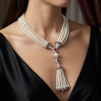 Natural Diamond, Ruby & Pearl Necklace | 1.04 Ct Diamonds | Multi-Strand Pearl Tassel Design | Saleh Sallom-Saleh Sallom