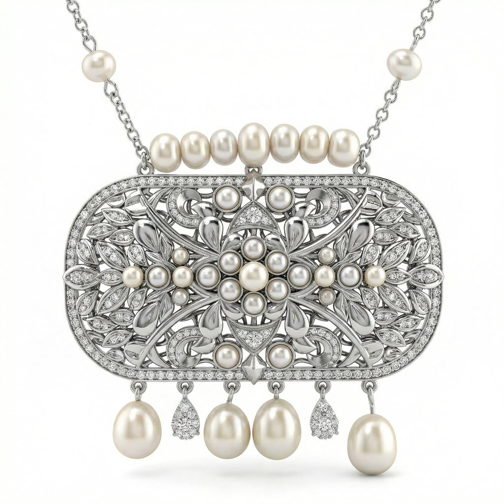 Natural Diamond & Pearl Statement Necklace | 1.60 Ct Diamonds | 18K White Gold | Saleh Sallom-Saleh Sallom