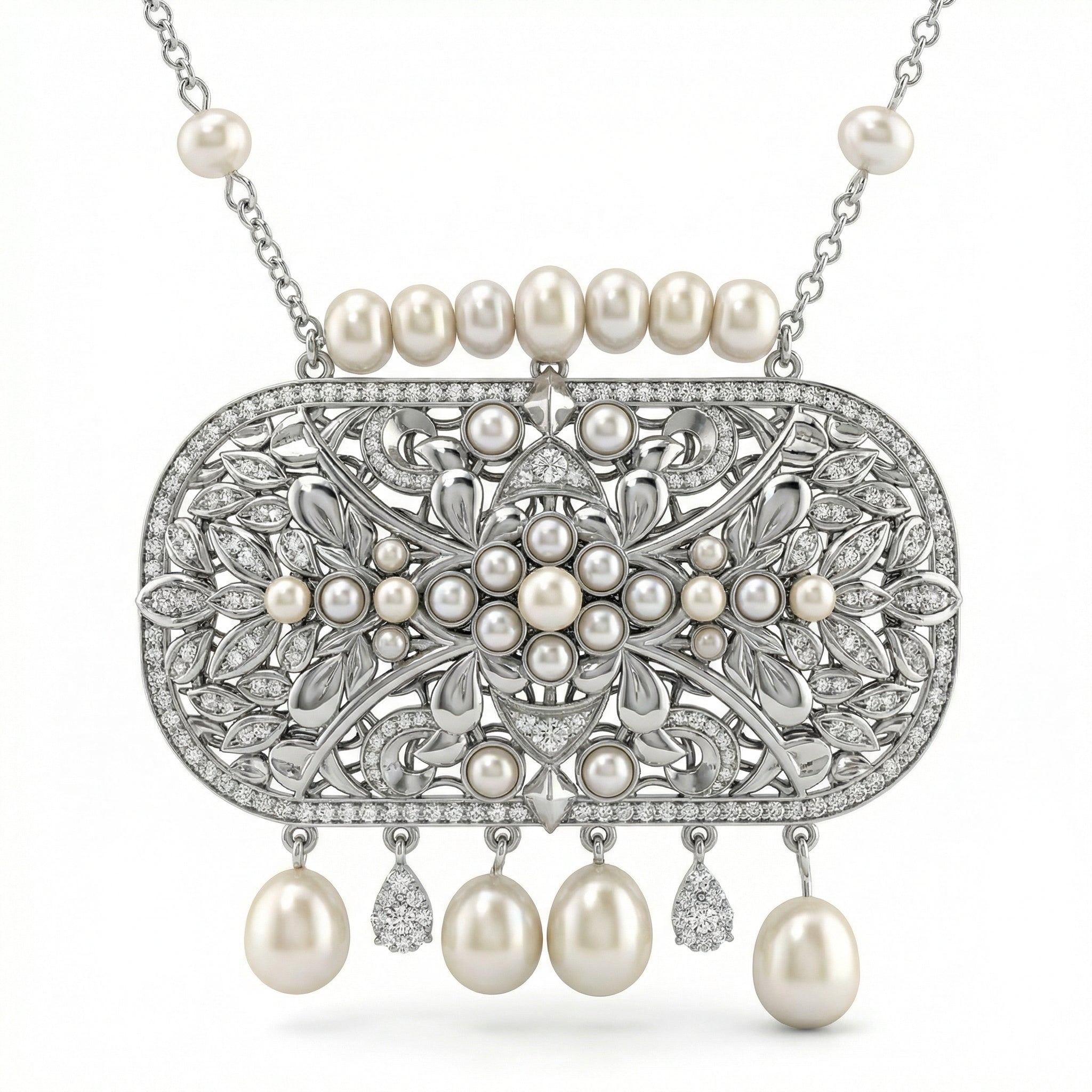 Natural Diamond & Pearl Statement Necklace | 1.60 Ct Diamonds | 18K White Gold | Saleh Sallom-Saleh Sallom