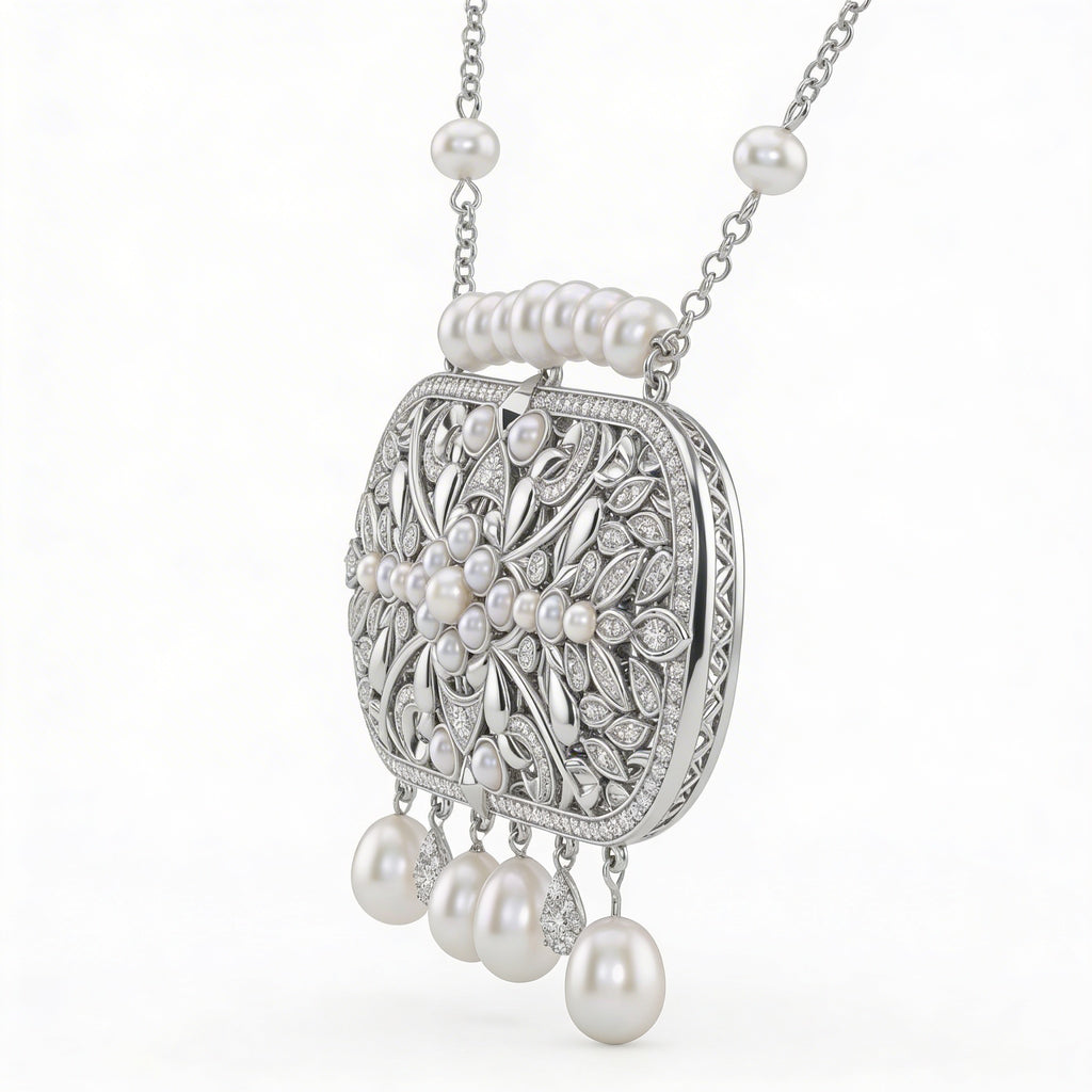 Natural Diamond & Pearl Statement Necklace | 1.60 Ct Diamonds | 18K White Gold | Saleh Sallom-Saleh Sallom