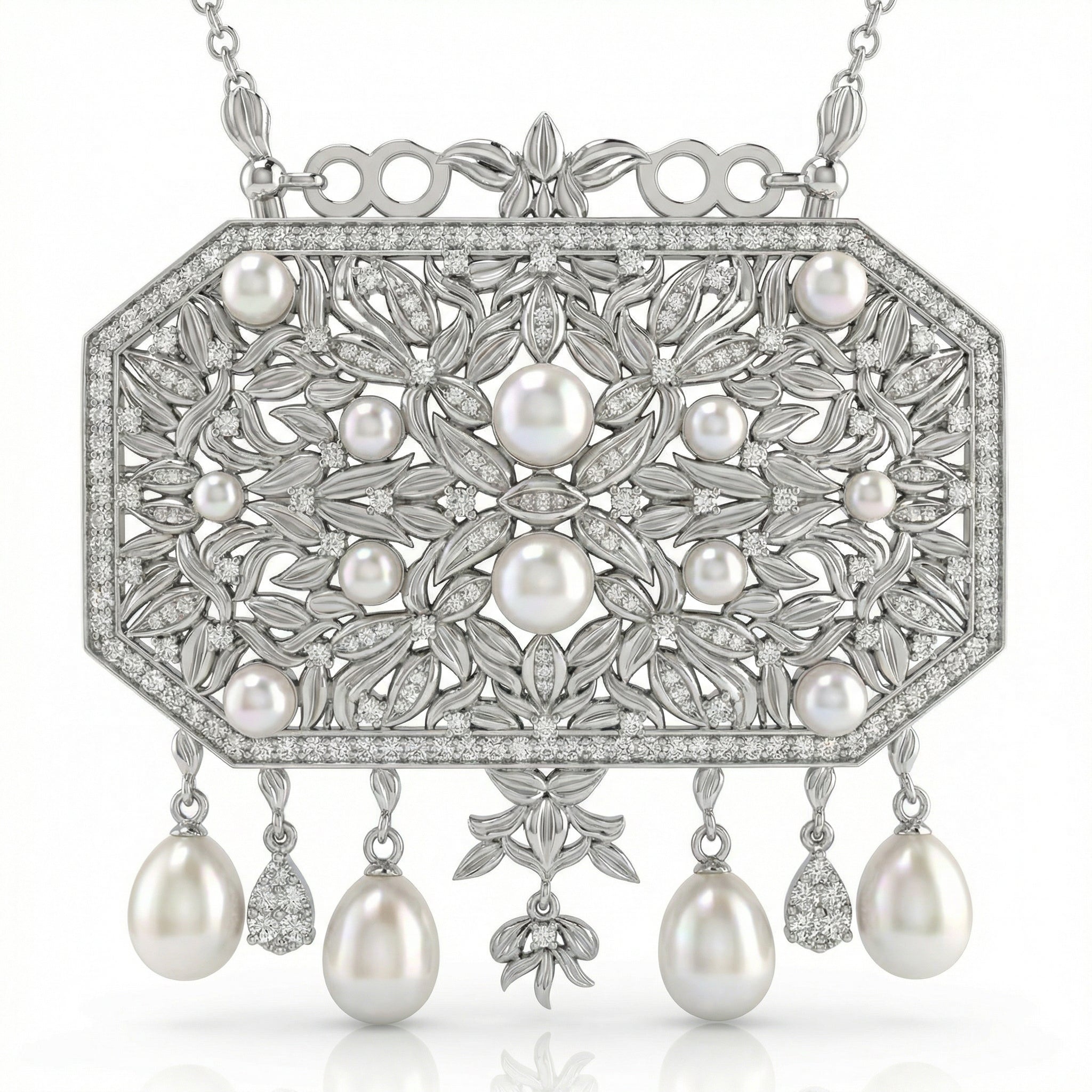 Natural Diamond & Pearl Statement Necklace | 1.80 Ct Diamonds | 18K White Gold | Saleh Sallom Main image