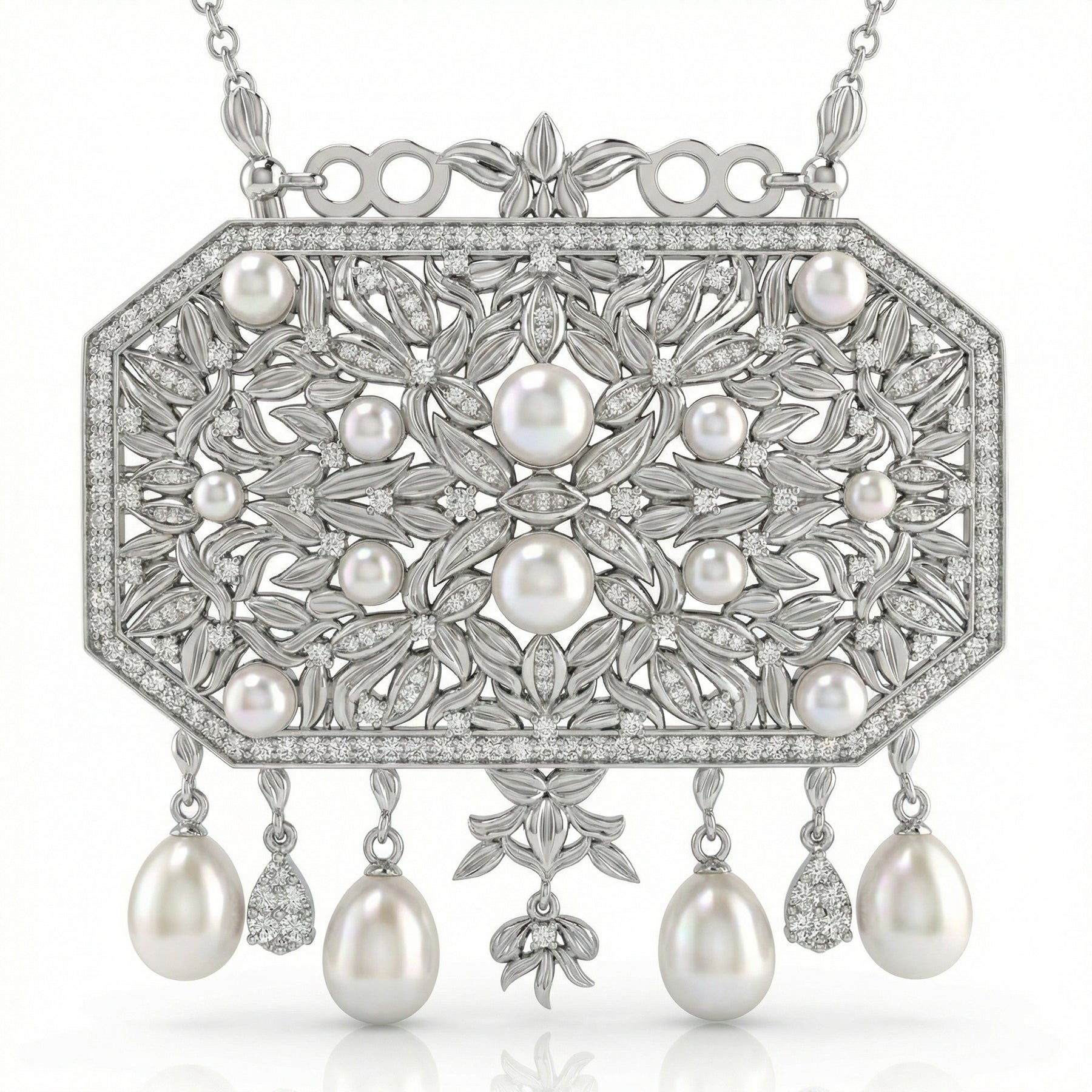 Natural Diamond & Pearl Statement Necklace | 1.80 Ct Diamonds | 18K White Gold | Saleh Sallom-Saleh Sallom