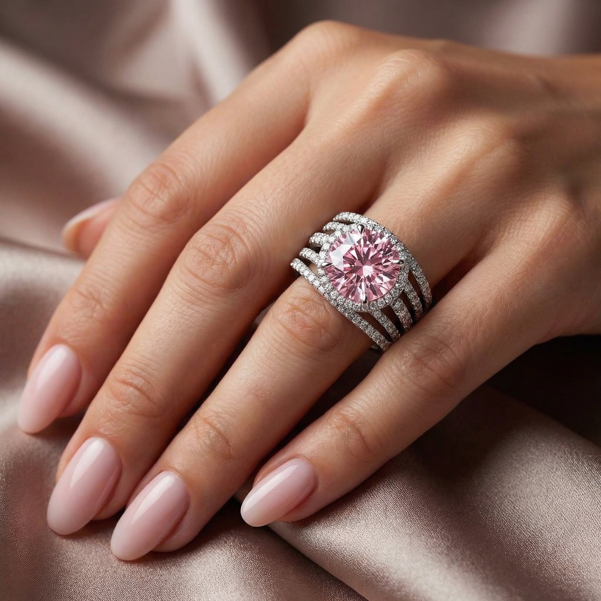 Pink Sapphire & Diamond Halo Ring | 0.79 Ct Diamonds | Luxury Split Band Design | Saleh Sallom Jewelry-Saleh Sallom