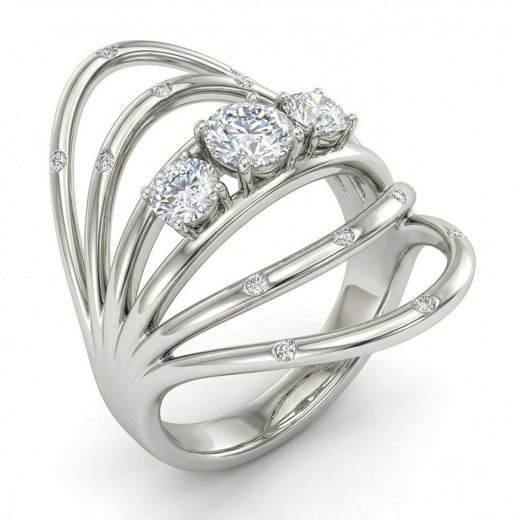 Natural Three-Stone Diamond Ring | 0.75 Ct | Modern Open Band Design | Saleh Sallom Jewelry-Saleh Sallom