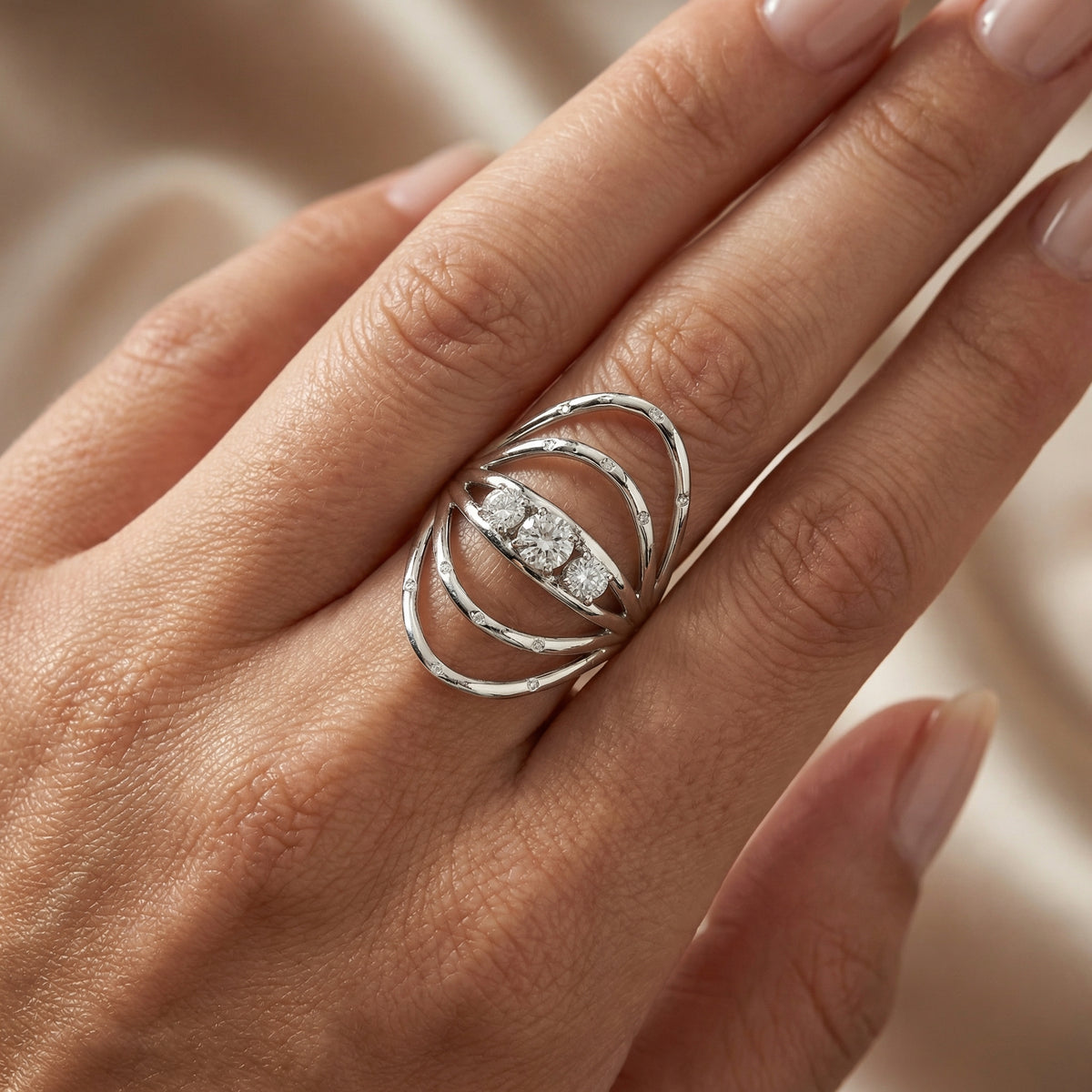 Natural Three-Stone Diamond Ring | 0.75 Ct | Modern Open Band Design | Saleh Sallom Jewelry-Saleh Sallom