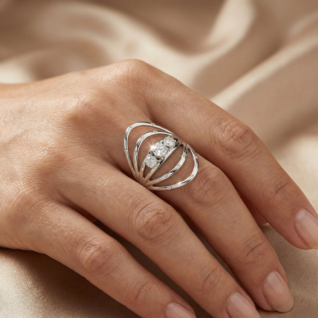 Natural Three-Stone Diamond Ring | 0.75 Ct | Modern Open Band Design | Saleh Sallom Jewelry-Saleh Sallom