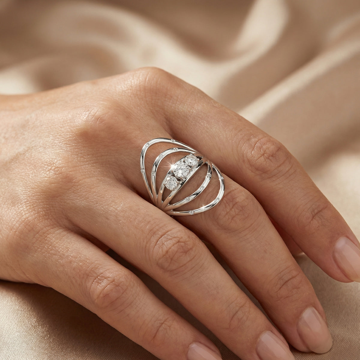 Natural Three-Stone Diamond Ring | 0.75 Ct | Modern Open Band Design | Saleh Sallom Jewelry-Saleh Sallom