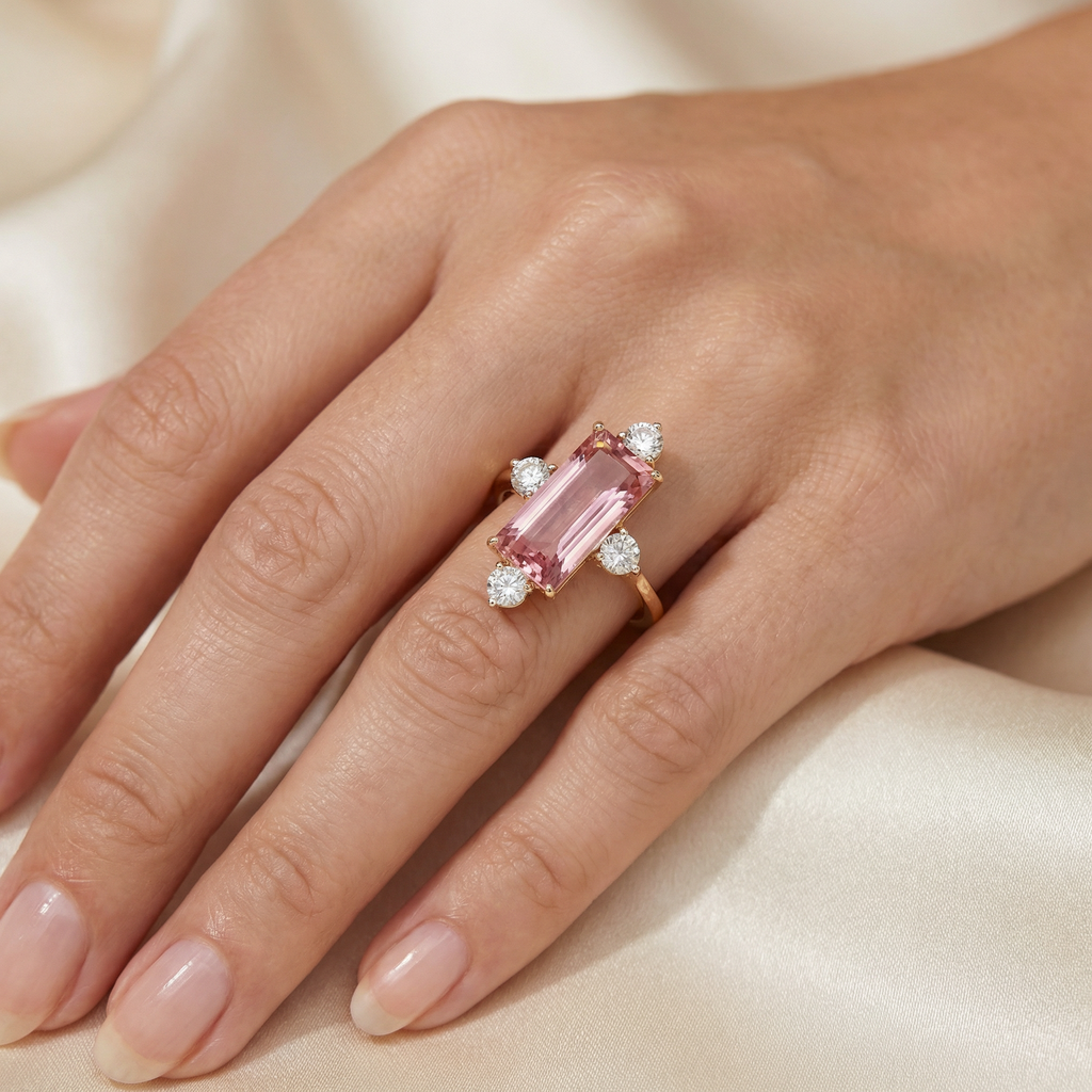 Natural Morganite & Diamond Ring | 7.28 Ct | Emerald Cut Morganite | Saleh Sallom Jewelry-Saleh Sallom