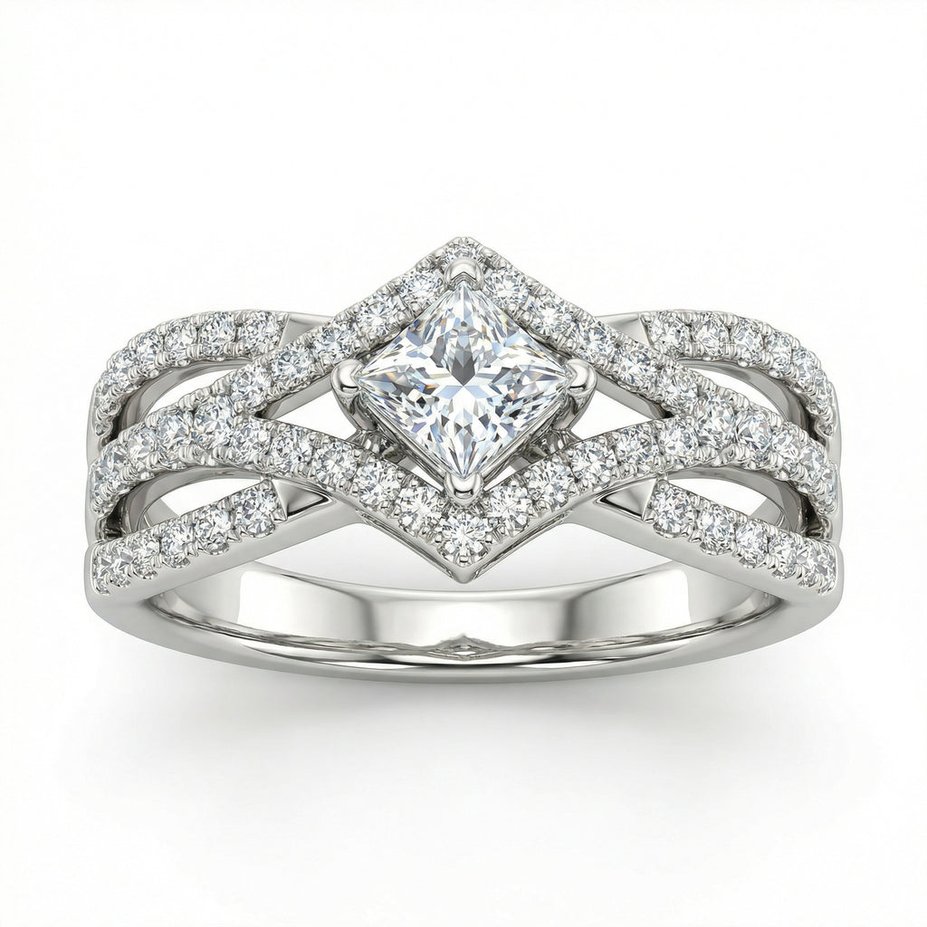 Natural Diamond Princess Cut Ring | 1.06 Ct | Double Halo Split Band Design | Saleh Sallom Jewelry-Saleh Sallom