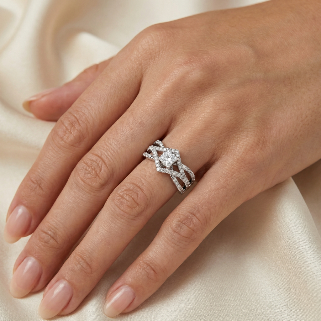 Natural Diamond Princess Cut Ring | 1.06 Ct | Double Halo Split Band Design | Saleh Sallom Jewelry-Saleh Sallom