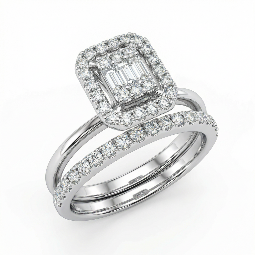 Natural Diamond Bridal Set | 0.95 Ct | VS–SI Clarity | Elegant Halo & Band Set | Saleh Sallom Jewelry-Saleh Sallom